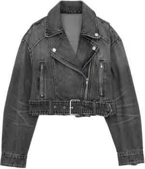 chouyatou Women's Fall Moto Biker Distressed Denim Jacket Boyfriend Casual Belted Short Jean Jacket