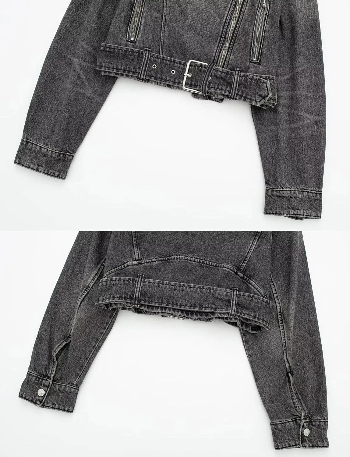 chouyatou Women's Fall Moto Biker Distressed Denim Jacket Boyfriend Casual Belted Short Jean Jacket