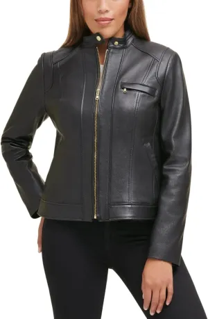 Cole Haan Women's Zip Front Fully Lined Leather Coat