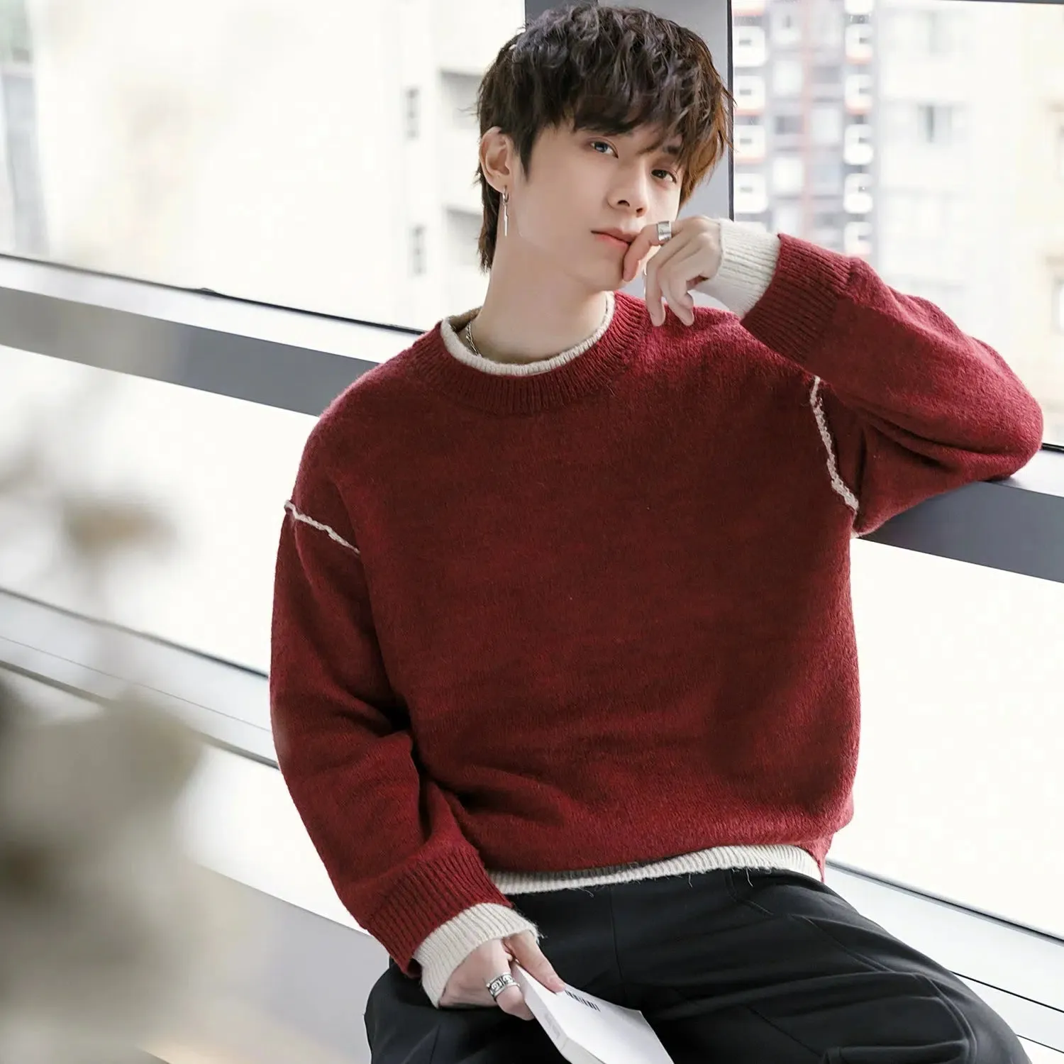 Contrast Cuffs Chunky Knit Sweater