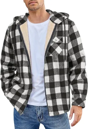 COOFANDY Men's Flannel Fleece Jacket Sherpa Lined Shirt Jacket Plaid Zip Up Hoodie Soft Warm Coat with Hood