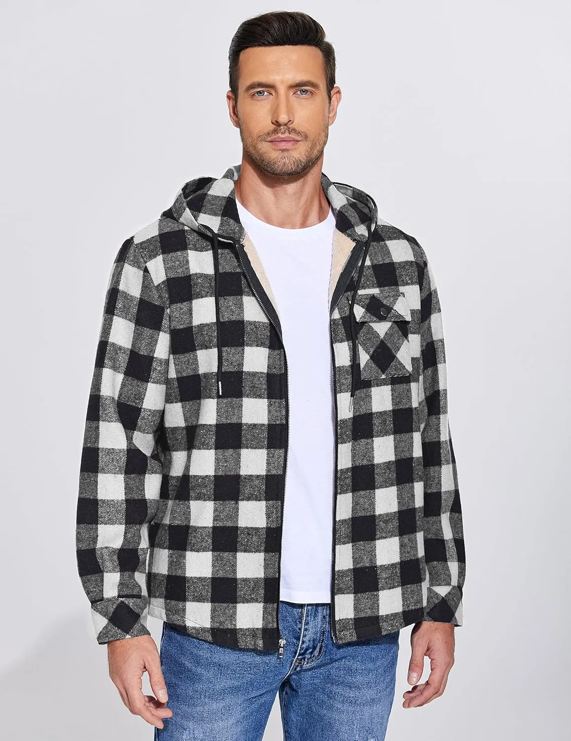 COOFANDY Men's Flannel Fleece Jacket Sherpa Lined Shirt Jacket Plaid Zip Up Hoodie Soft Warm Coat with Hood