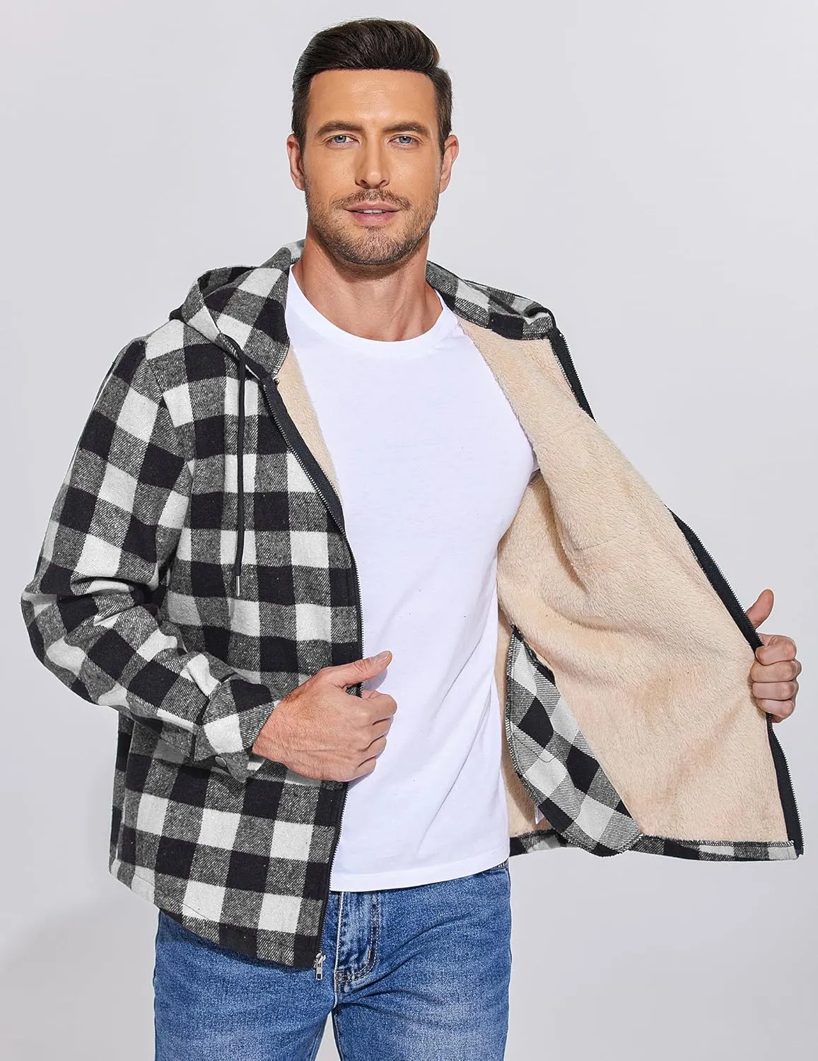 COOFANDY Men's Flannel Fleece Jacket Sherpa Lined Shirt Jacket Plaid Zip Up Hoodie Soft Warm Coat with Hood