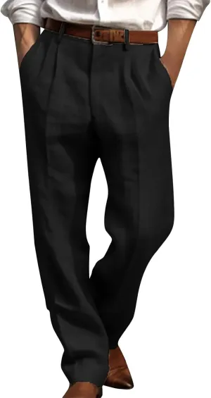 Cotton Linen Pants for Men Pleated Front Trouser Straight Leg Suit Pant Casual Solid Color Office Trousers