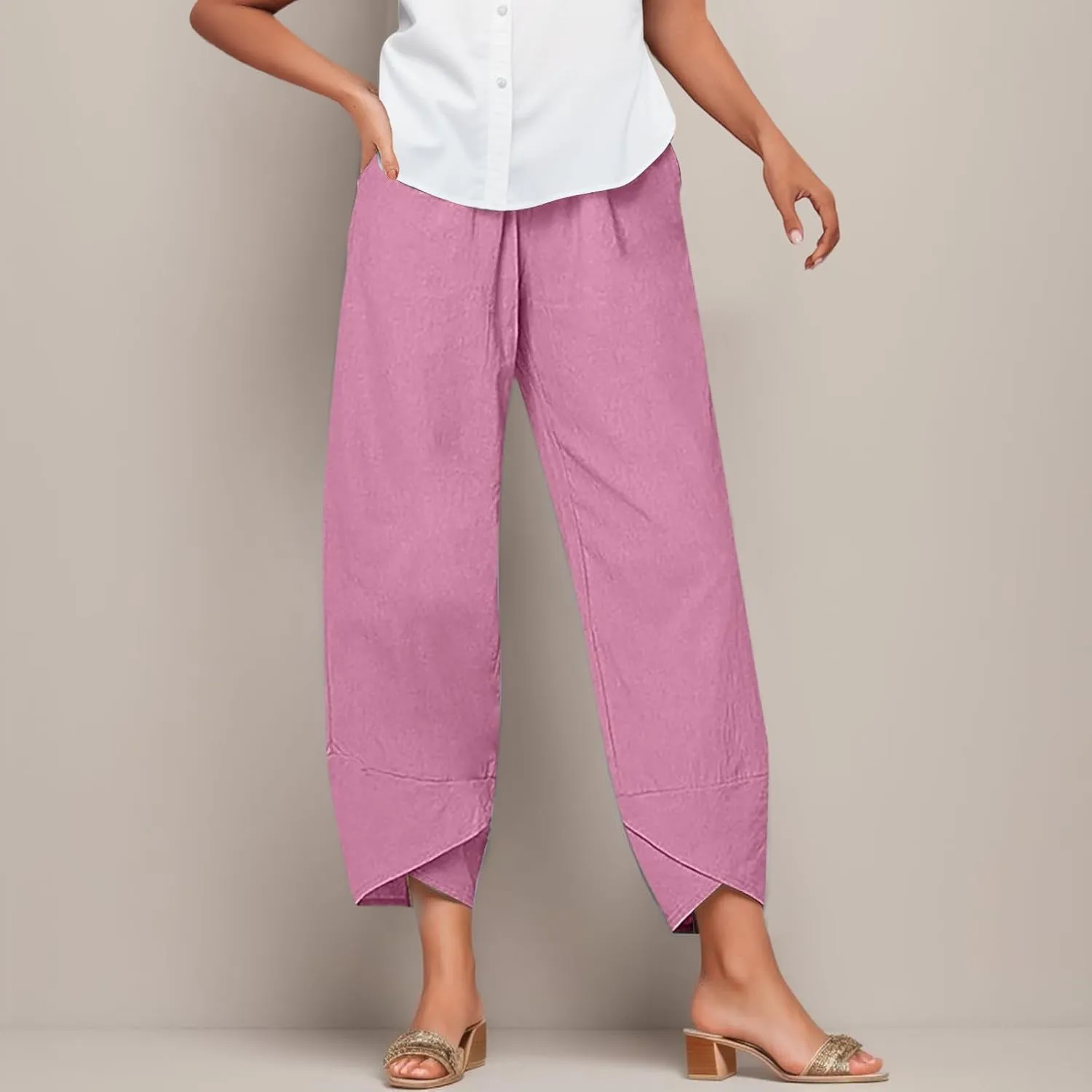 Cotton Linen Pants for Women Casual Capri Pant Plus Size Wide Leg Palazzo Summer Cropped Elastic Waist Trousers