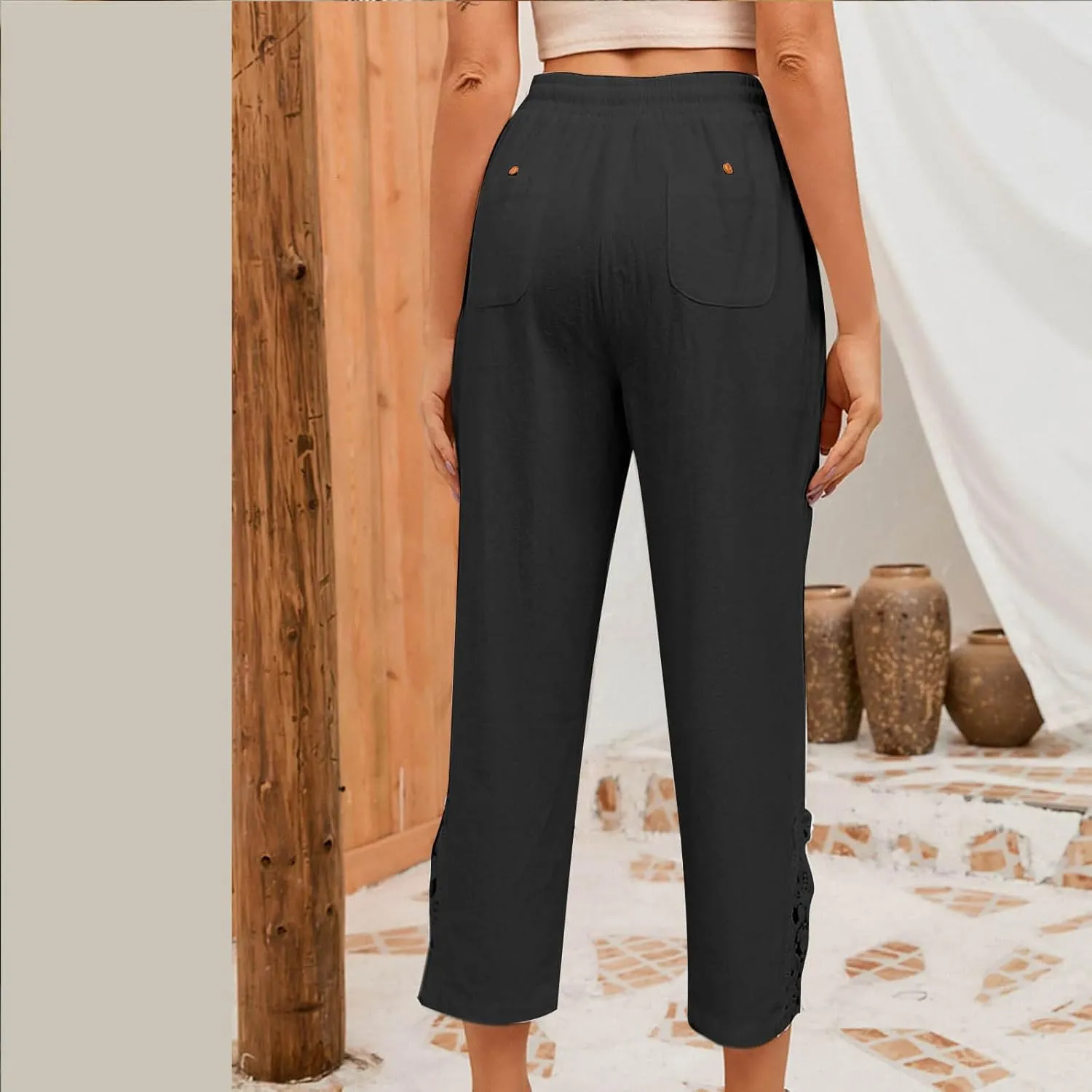 Cotton Linen Pants Women Summer Casual Loose Elastic High Waist Beach Trousers with Pockets Lace Buttom Capri Pants