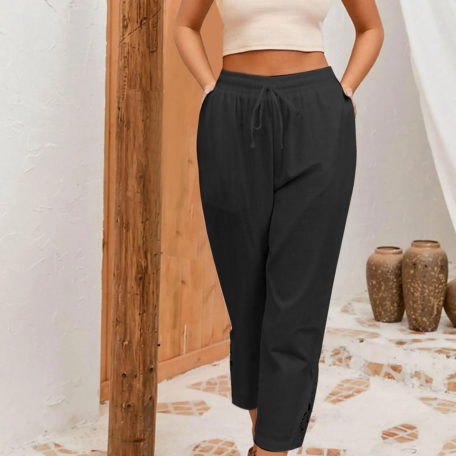 Cotton Linen Pants Women Summer Casual Loose Elastic High Waist Beach Trousers with Pockets Lace Buttom Capri Pants