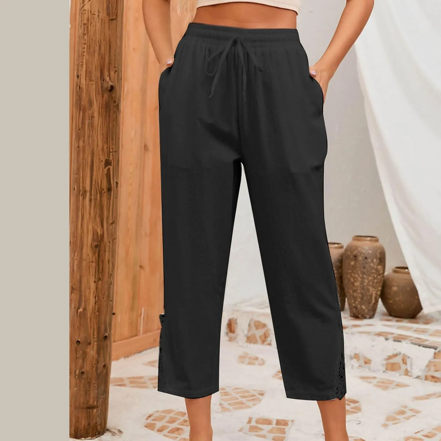 Cotton Linen Pants Women Summer Casual Loose Elastic High Waist Beach Trousers with Pockets Lace Buttom Capri Pants