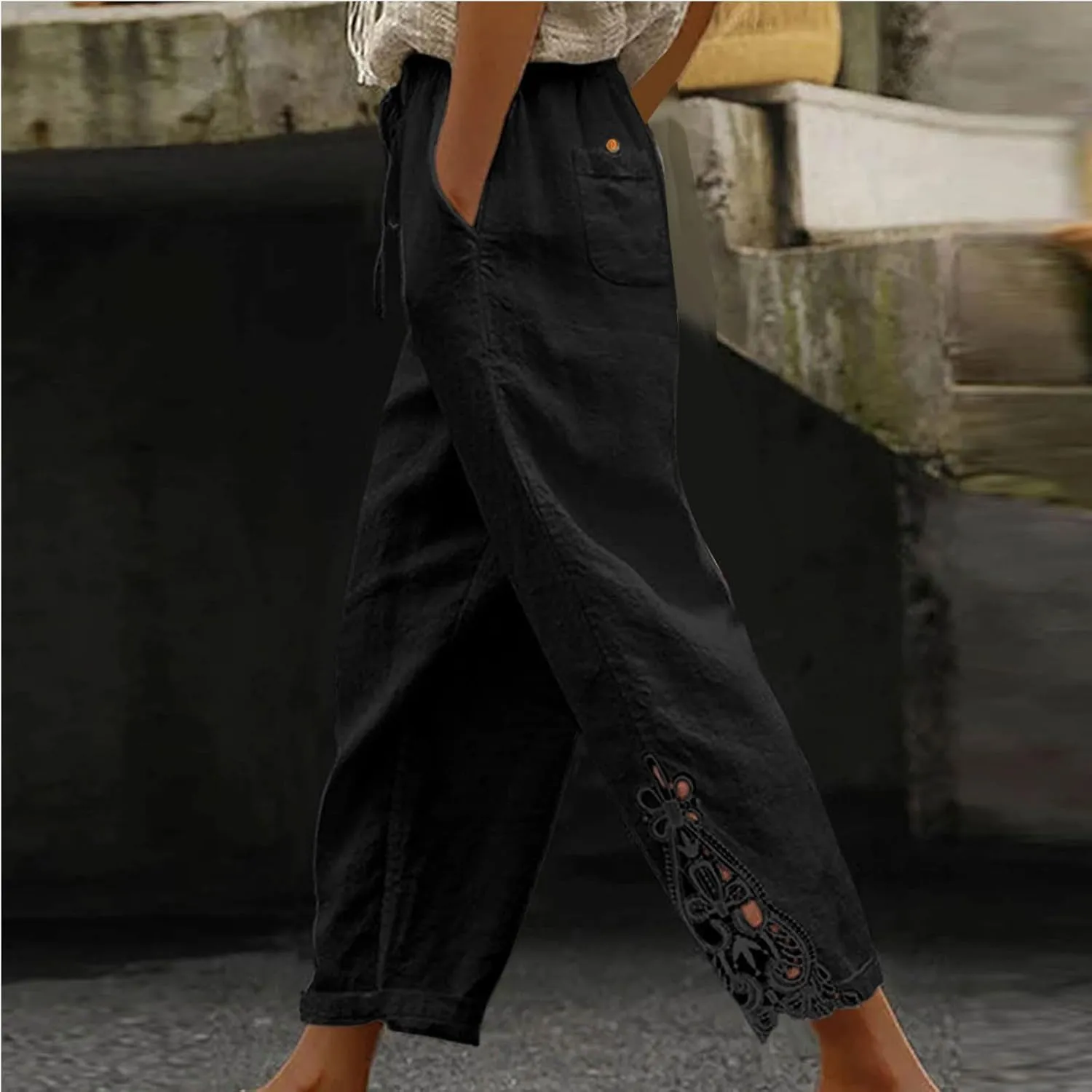 Cotton Linen Pants Women Summer Casual Loose Elastic High Waist Beach Trousers with Pockets Lace Buttom Capri Pants