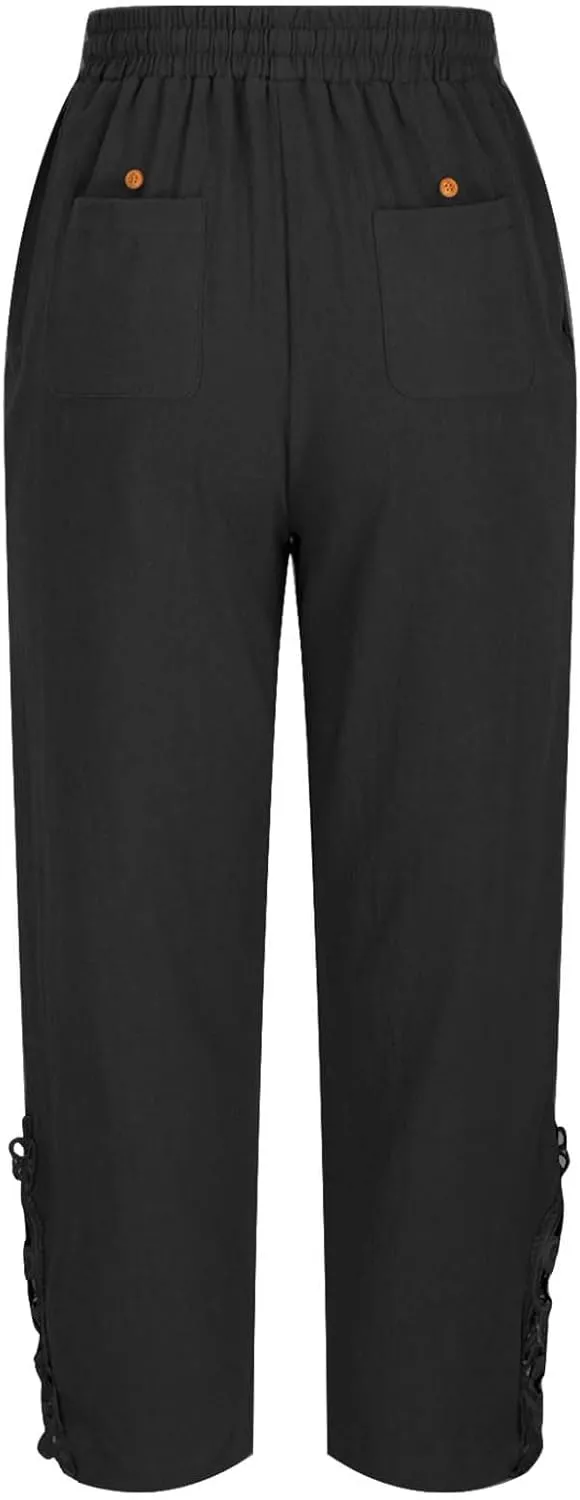 Cotton Linen Pants Women Summer Casual Loose Elastic High Waist Beach Trousers with Pockets Lace Buttom Capri Pants