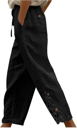 Cotton Linen Pants Women Summer Casual Loose Elastic High Waist Beach Trousers with Pockets Lace Buttom Capri Pants
