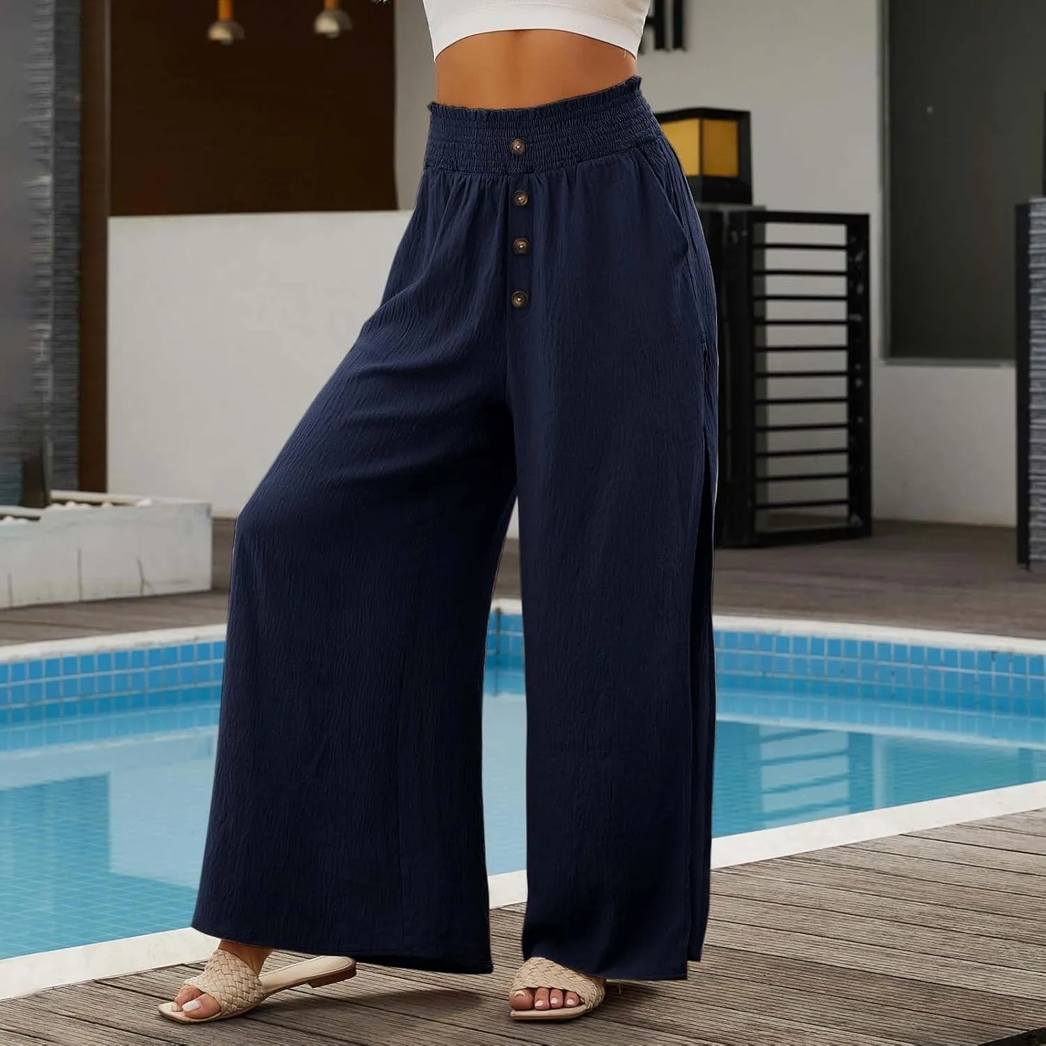 Cotton Linen Pants Women Summer Casual Loose Side Slit Wide Leg Pants Button Boho Flowy Paperbag Pants with Pockets