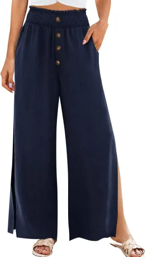 Cotton Linen Pants Women Summer Casual Loose Side Slit Wide Leg Pants Button Boho Flowy Paperbag Pants with Pockets