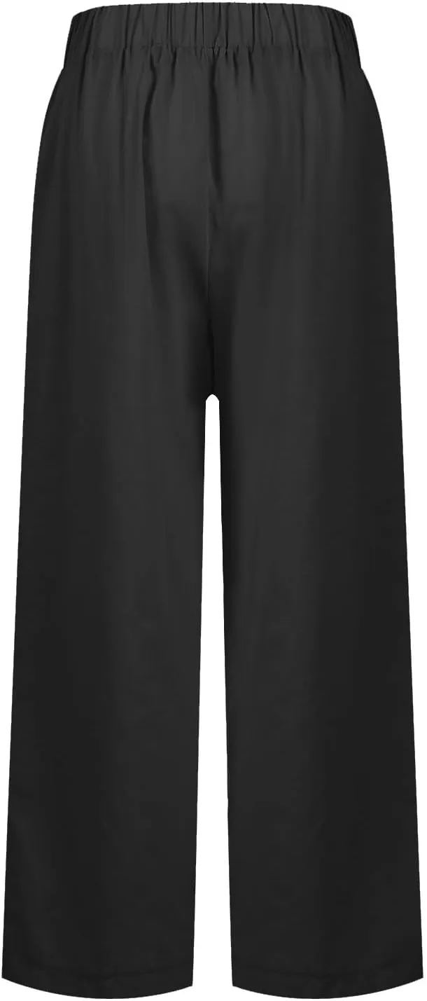 Cotton Linen Pants Women Summer Elastic Straight Leg Pants Plus Size Wide Leg Crop Pants Beach Trousers with Pockets