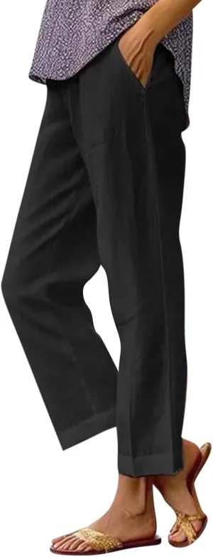 Cotton Linen Pants Women Summer Elastic Straight Leg Pants Plus Size Wide Leg Crop Pants Beach Trousers with Pockets