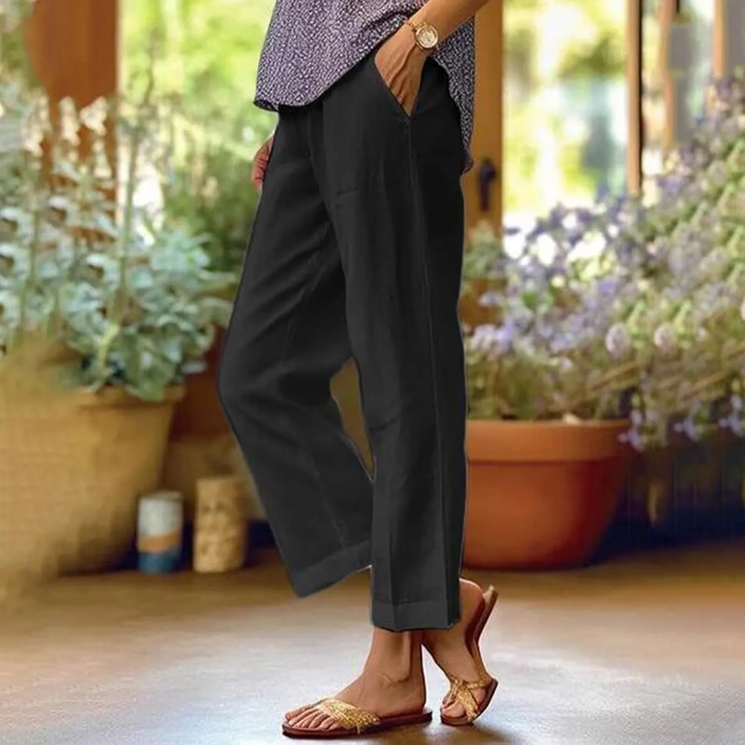 Cotton Linen Pants Women Summer Elastic Straight Leg Pants Plus Size Wide Leg Crop Pants Beach Trousers with Pockets