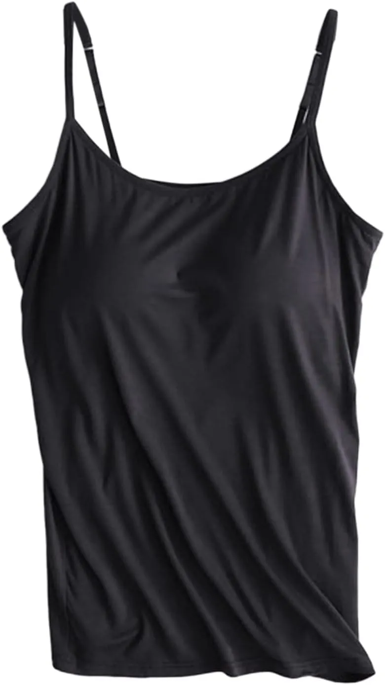 Cotton Tank Top with Built in Bra for Women Shelf Bra Camisole Tops Spaghetti Strap Cami Shirts Cotton Undershirts