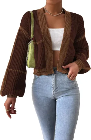 COZYEASE Women's Color Block Crop Cardigan Top Bishop Long Sleeve Open Front Sweater