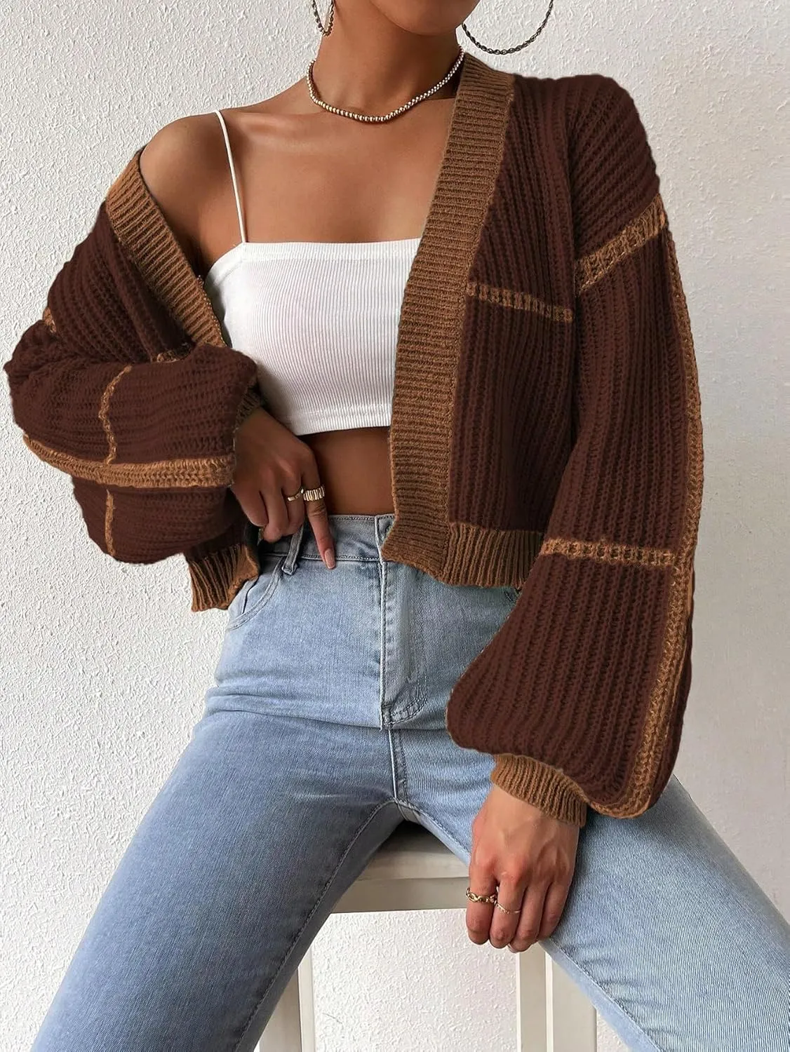 COZYEASE Women's Color Block Crop Cardigan Top Bishop Long Sleeve Open Front Sweater