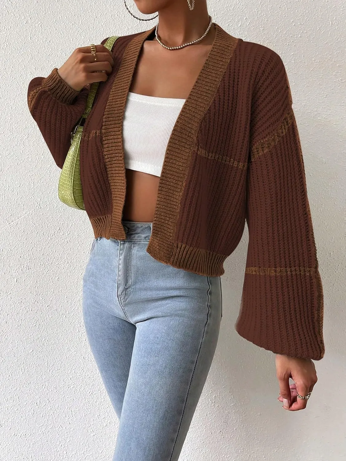 COZYEASE Women's Color Block Crop Cardigan Top Bishop Long Sleeve Open Front Sweater