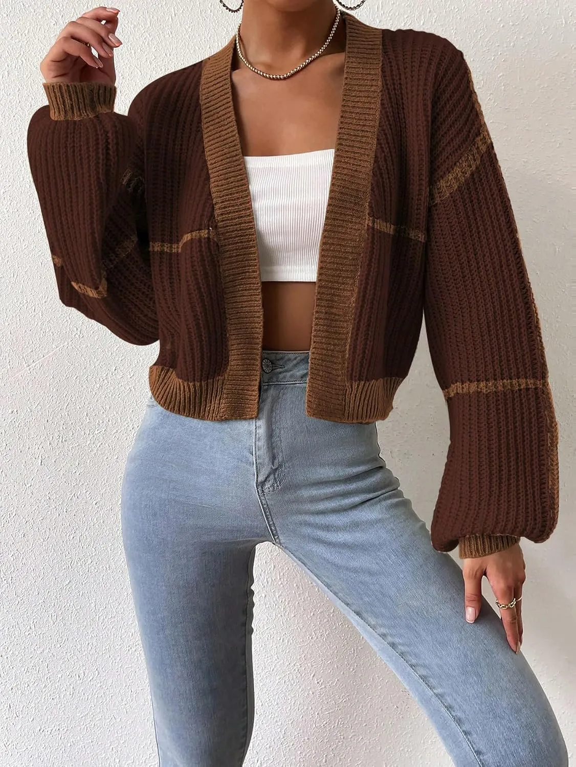 COZYEASE Women's Color Block Crop Cardigan Top Bishop Long Sleeve Open Front Sweater