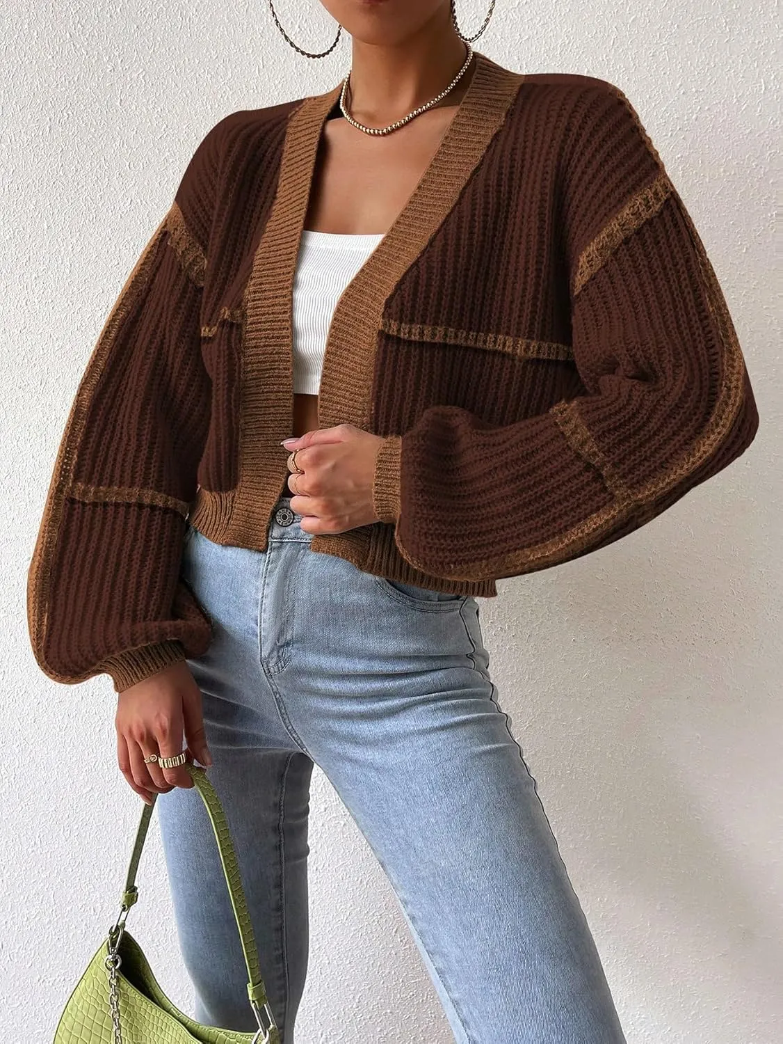 COZYEASE Women's Color Block Crop Cardigan Top Bishop Long Sleeve Open Front Sweater