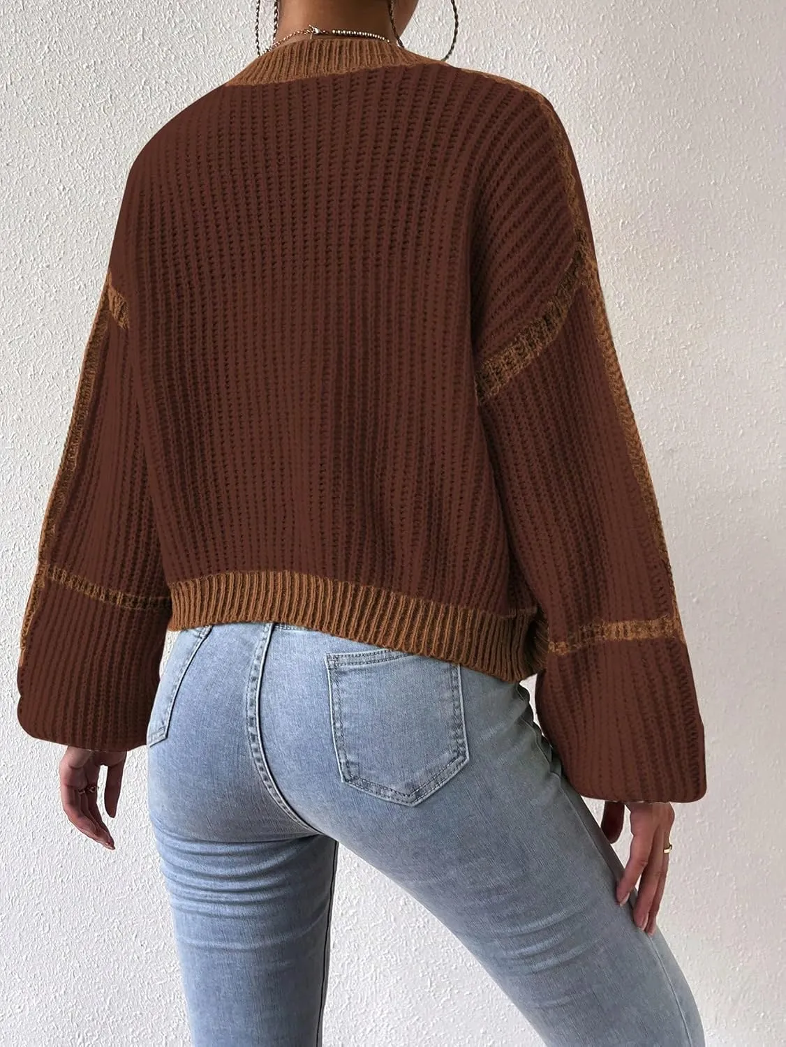 COZYEASE Women's Color Block Crop Cardigan Top Bishop Long Sleeve Open Front Sweater