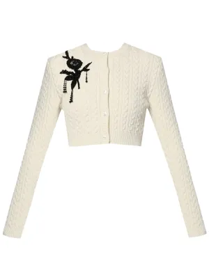Cream Embellished Knit Crop Cardigan