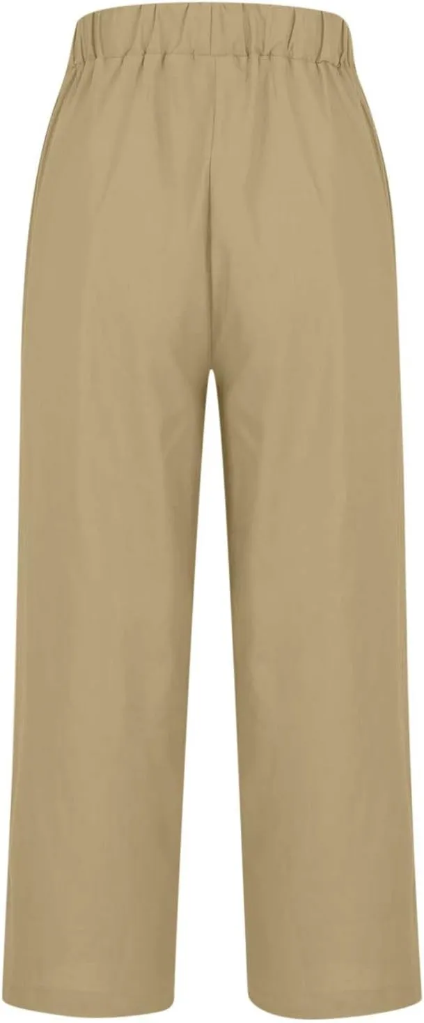Cropped Linen Pant Women Summer Dressy Elastic Waist Straight Leg Plus Size Crop Pant Casual Beach Trouser with Pocket
