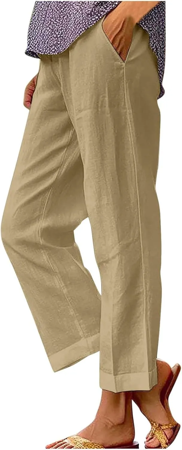 Cropped Linen Pant Women Summer Dressy Elastic Waist Straight Leg Plus Size Crop Pant Casual Beach Trouser with Pocket