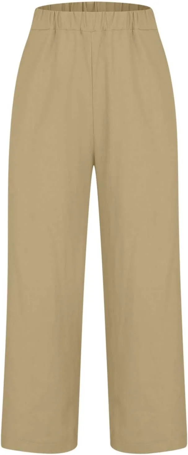 Cropped Linen Pant Women Summer Dressy Elastic Waist Straight Leg Plus Size Crop Pant Casual Beach Trouser with Pocket