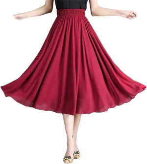 DBFBDTU Women Solid Color Elastic High Waist Chiffon Midi Skirts Office Lady Loose Pleated Skirts Summer