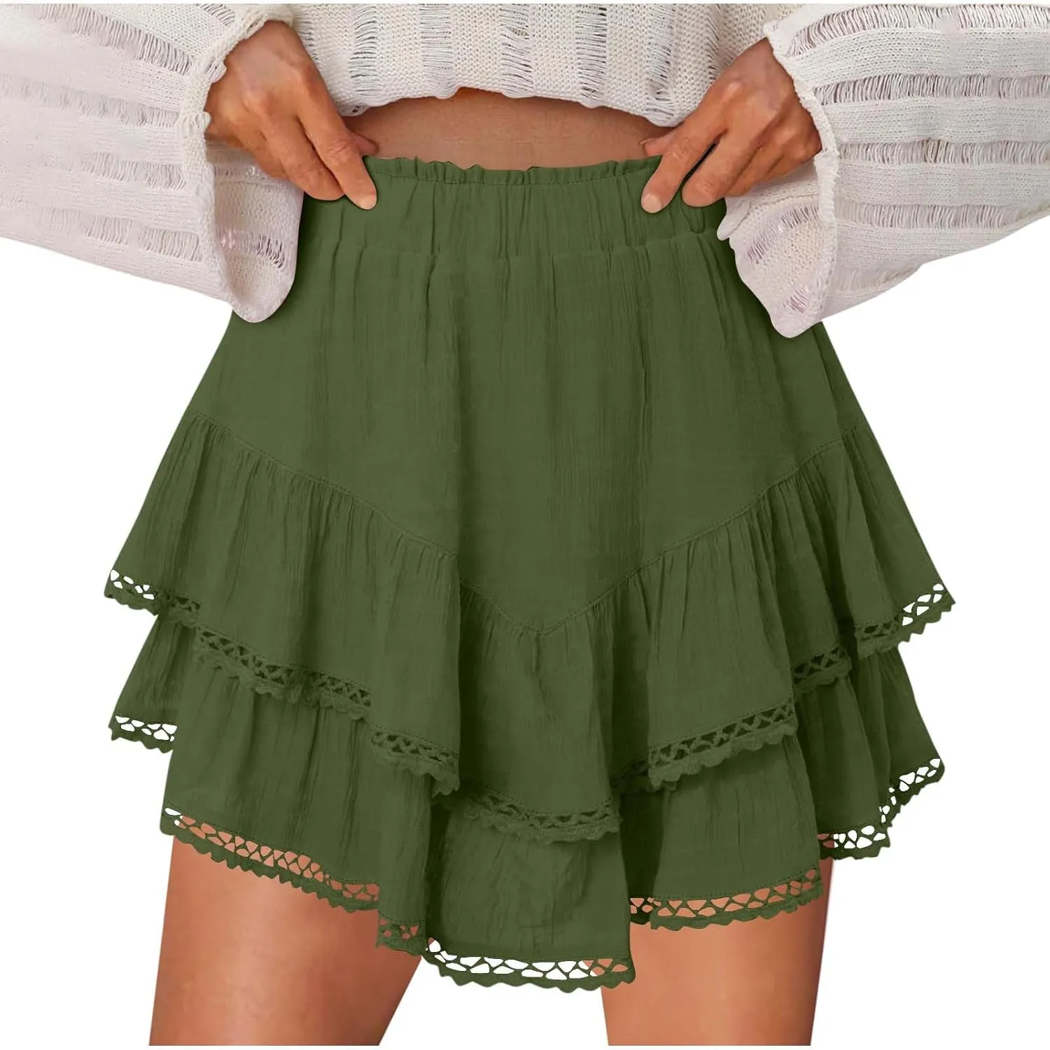 DDAPJ pyju Flowy Shorts for Women Summer Casual Boho Ruffle Tiered Skorts High Waist Mini Skirts Crochet Golf Tennis Skirts