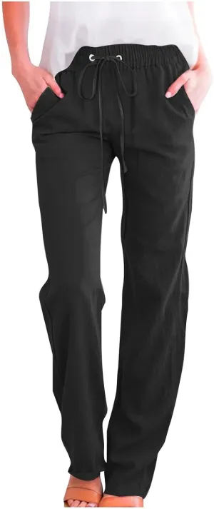 DDAPJ pyju Womens Casual Linen High Waist Pants Drawstring Waist Straight Leg Trousers Travel Summer Pants with Pockets