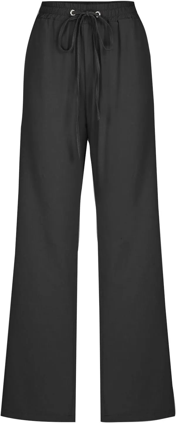 DDAPJ pyju Womens Casual Linen High Waist Pants Drawstring Waist Straight Leg Trousers Travel Summer Pants with Pockets