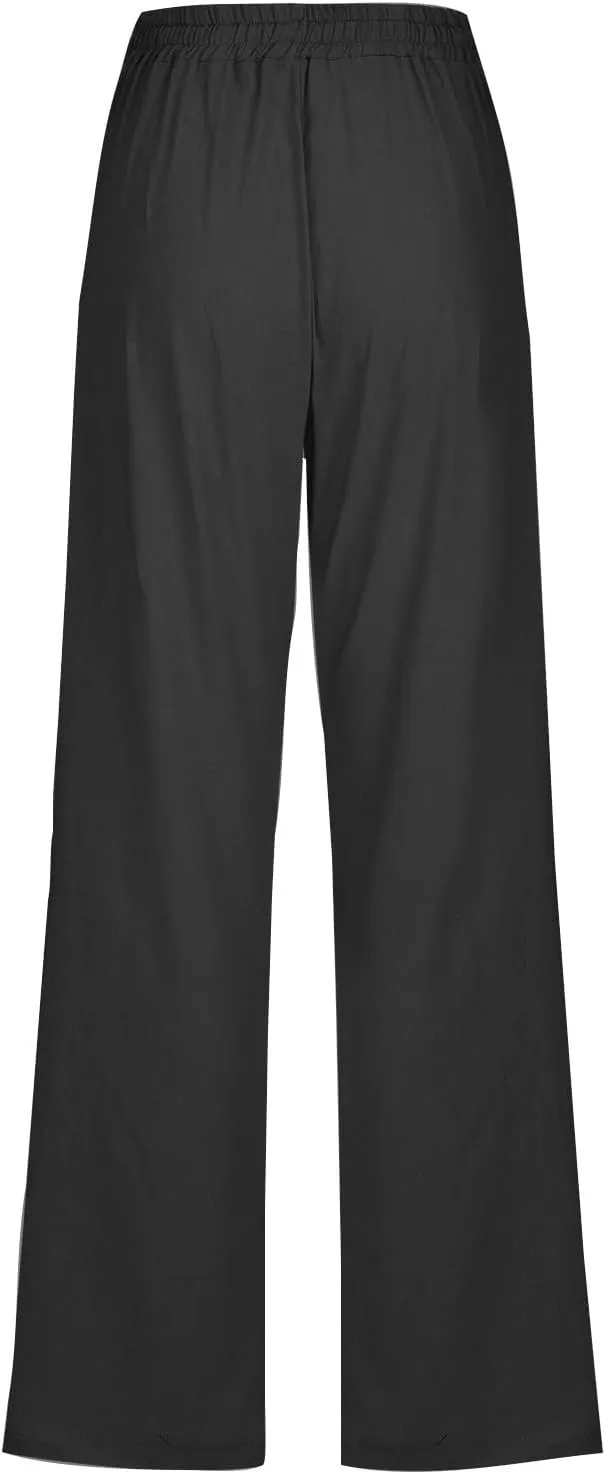 DDAPJ pyju Womens Casual Linen High Waist Pants Drawstring Waist Straight Leg Trousers Travel Summer Pants with Pockets