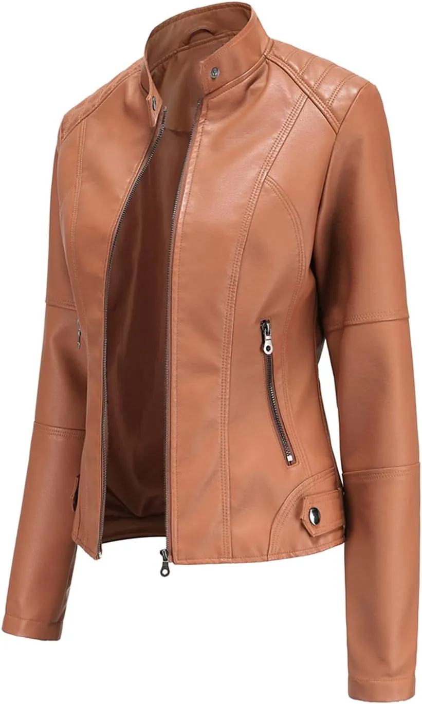 DEAR MODEL Faux Leather Jacket Women Bomber Jacket Women's Belted Motorcycle Jacket