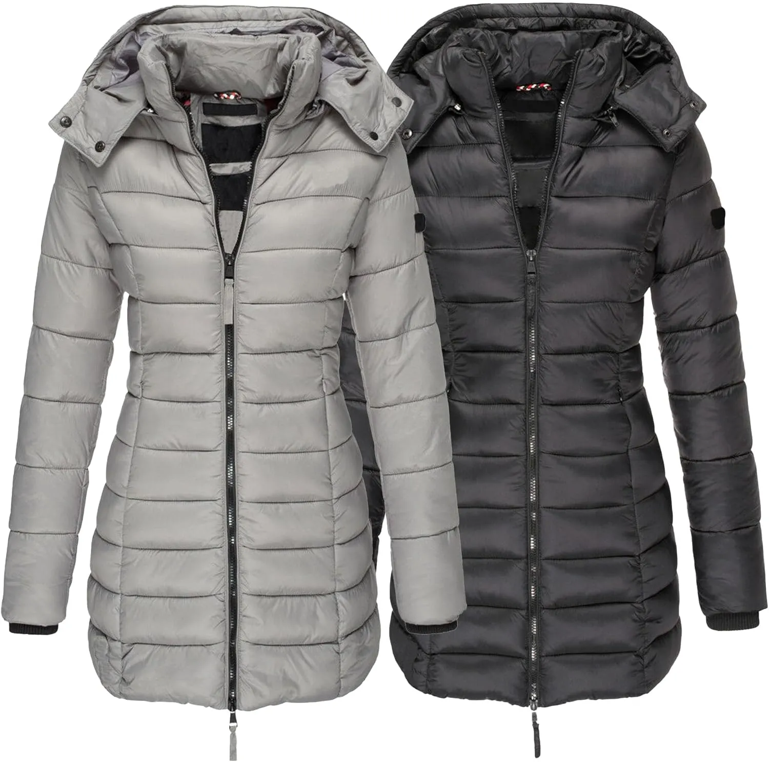 DGHM-JLMY 2 Pack Women's Warm Mid Long Down Jacket Quilted Lightweight Puffer Jacket Packable Hooded Slim Fit Puffer Coat