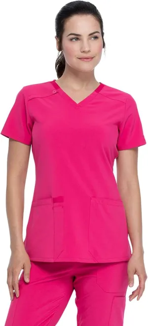 Dickies Scrub Set For Women V-Neck Top DK615 Natural Rise Tapered Leg Pull-On Pant DK005 with 360 Stretch Fabric, Hot Pink - M Top/M Petite Pant