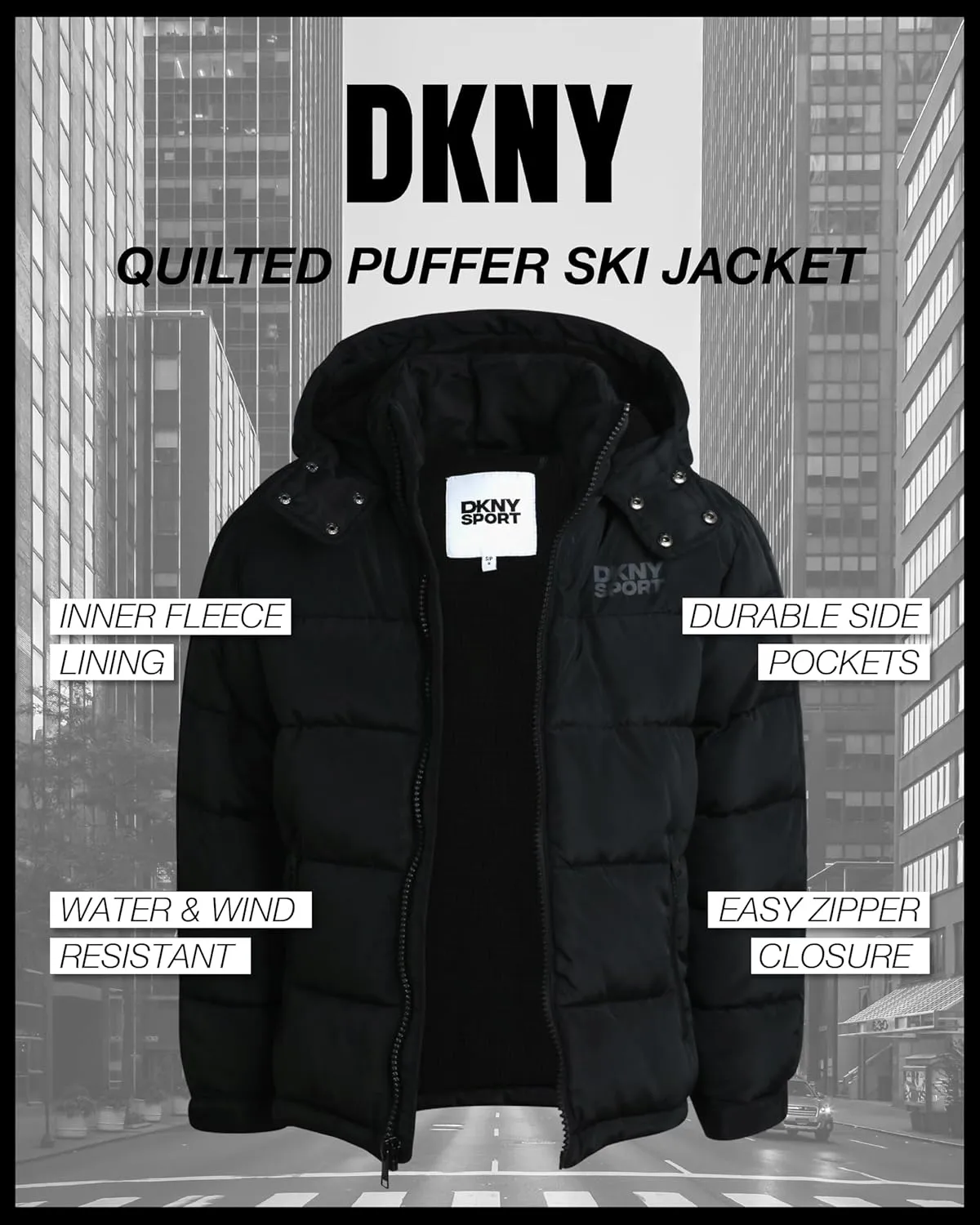 DKNY Boys Heavyweight Winter Coat - Water Resistant Insulated Fleece Lined Quilted Puffer Ski Jacket with Hat (8-20)