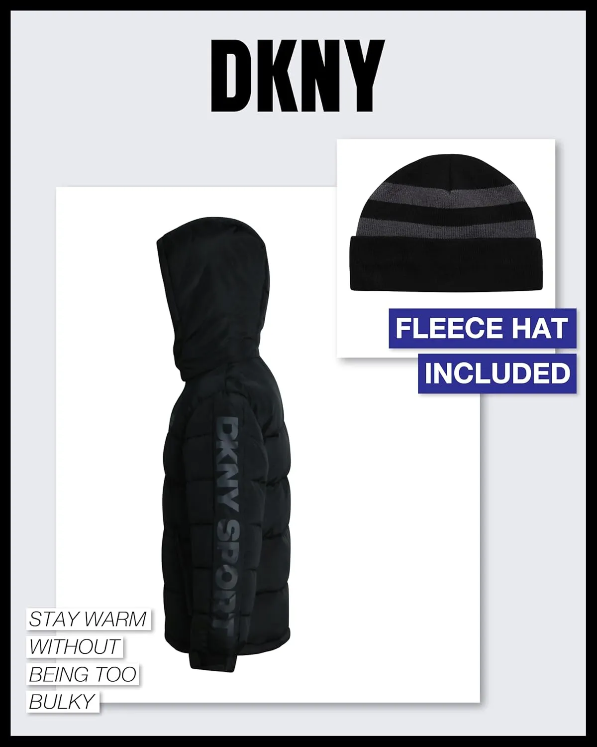 DKNY Boys Heavyweight Winter Coat - Water Resistant Insulated Fleece Lined Quilted Puffer Ski Jacket with Hat (8-20)