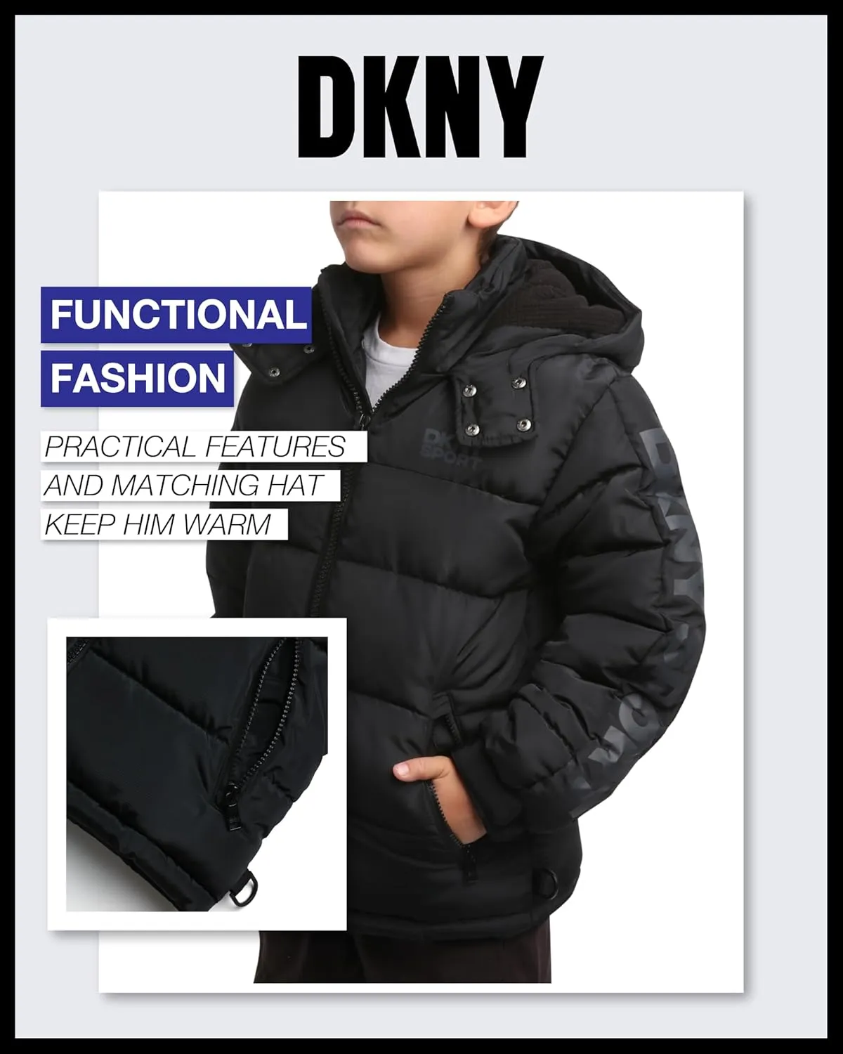 DKNY Boys Heavyweight Winter Coat - Water Resistant Insulated Fleece Lined Quilted Puffer Ski Jacket with Hat (8-20)