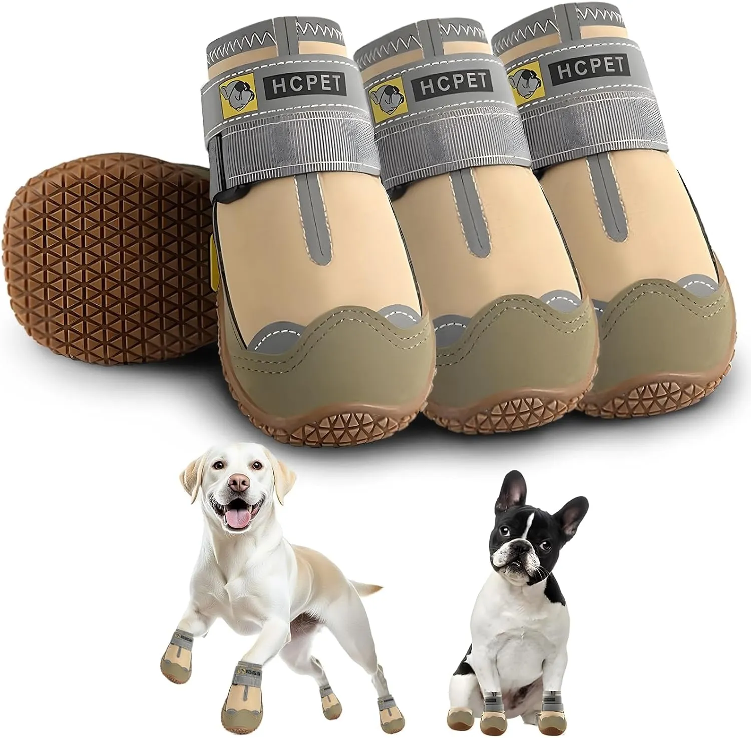 Dog Shoes for Large Dogs, Waterproof Dog Booties for Small Medium Dogs, Anti-Slip Dog Boots & Paw Protectors for Hot Pavement Winter Snow Hiking with Reflective Straps Khaki Size 8