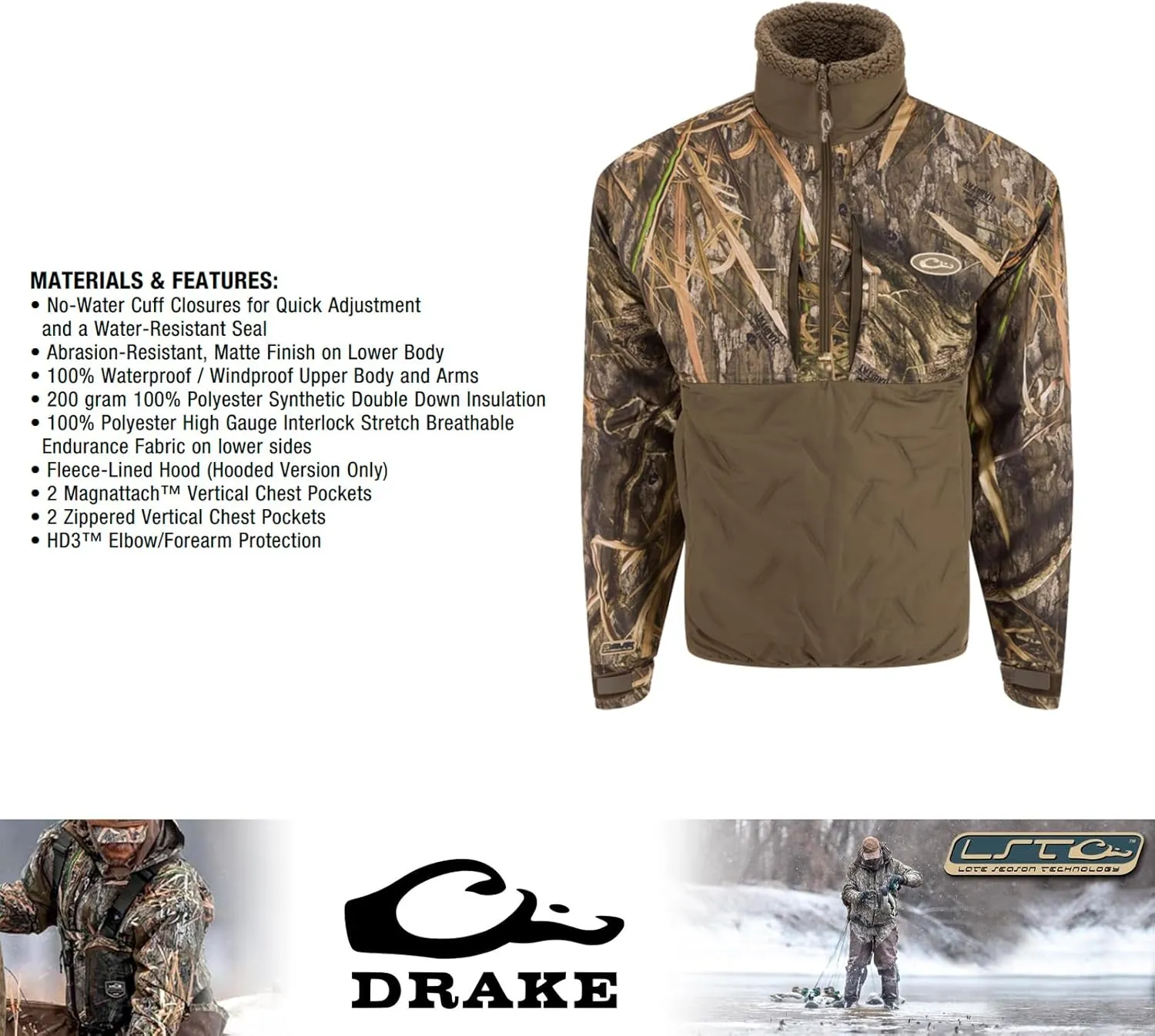 Drake Waterfowl Men's LST Guardian Flex Double Down 1/4 Zip Eqwader Insulated Waterproof Breathable Hunting Jacket