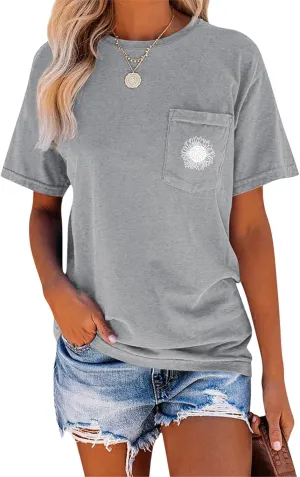 EADINVE Women's Crew Neck Short Sleeve Summer Sunflower Graphic Printed Tee Vintage T-Shirt with Pockets Loose Fitting Tops