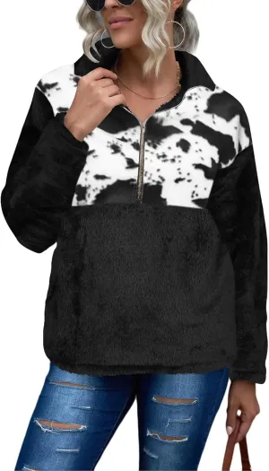 EARKOHA Womens Plus Size Long Sleeve Casual Zip Collar Cow Print Fleece Jacket Tops