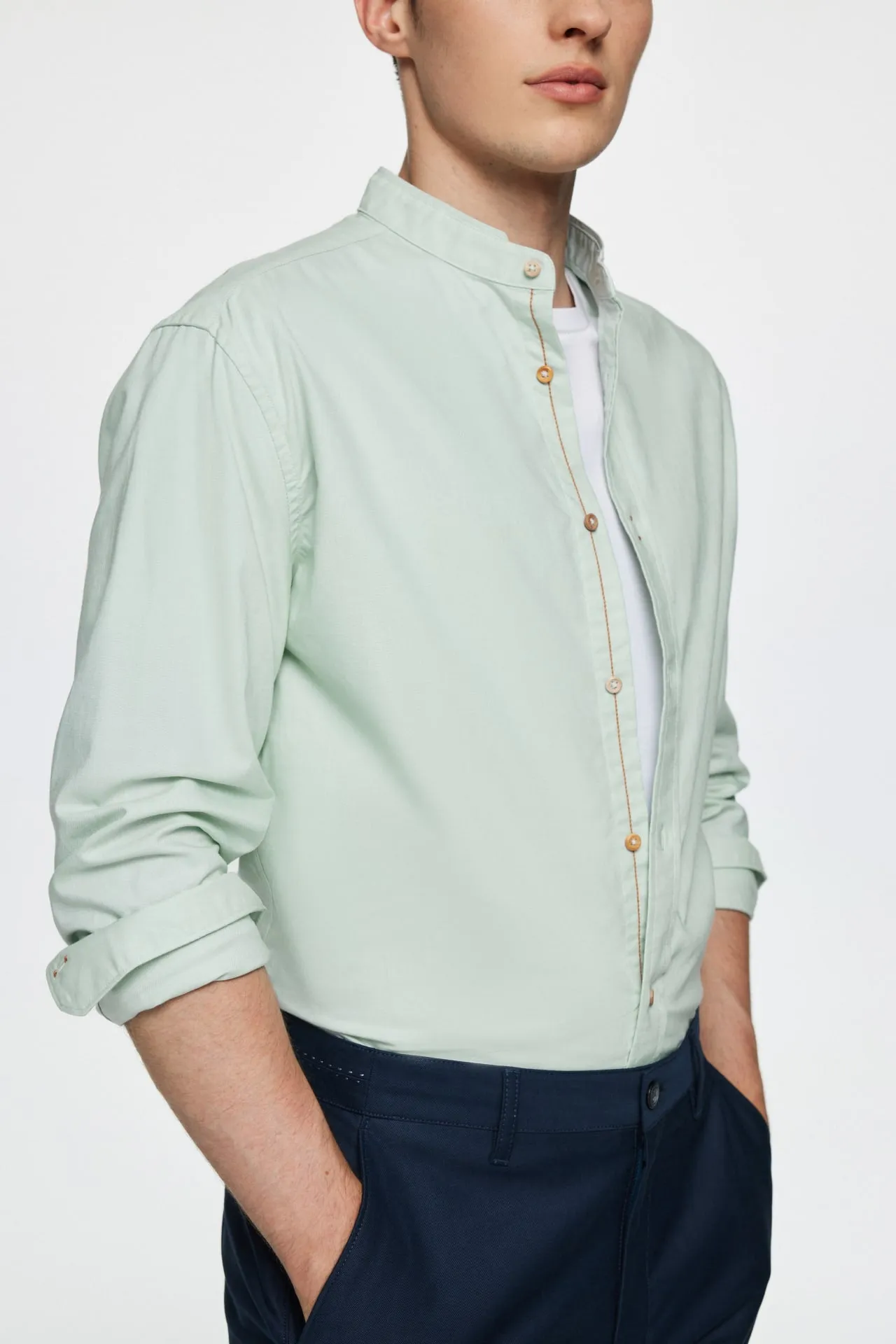 Easy Care Stand Collar Oxford Casual Shirt