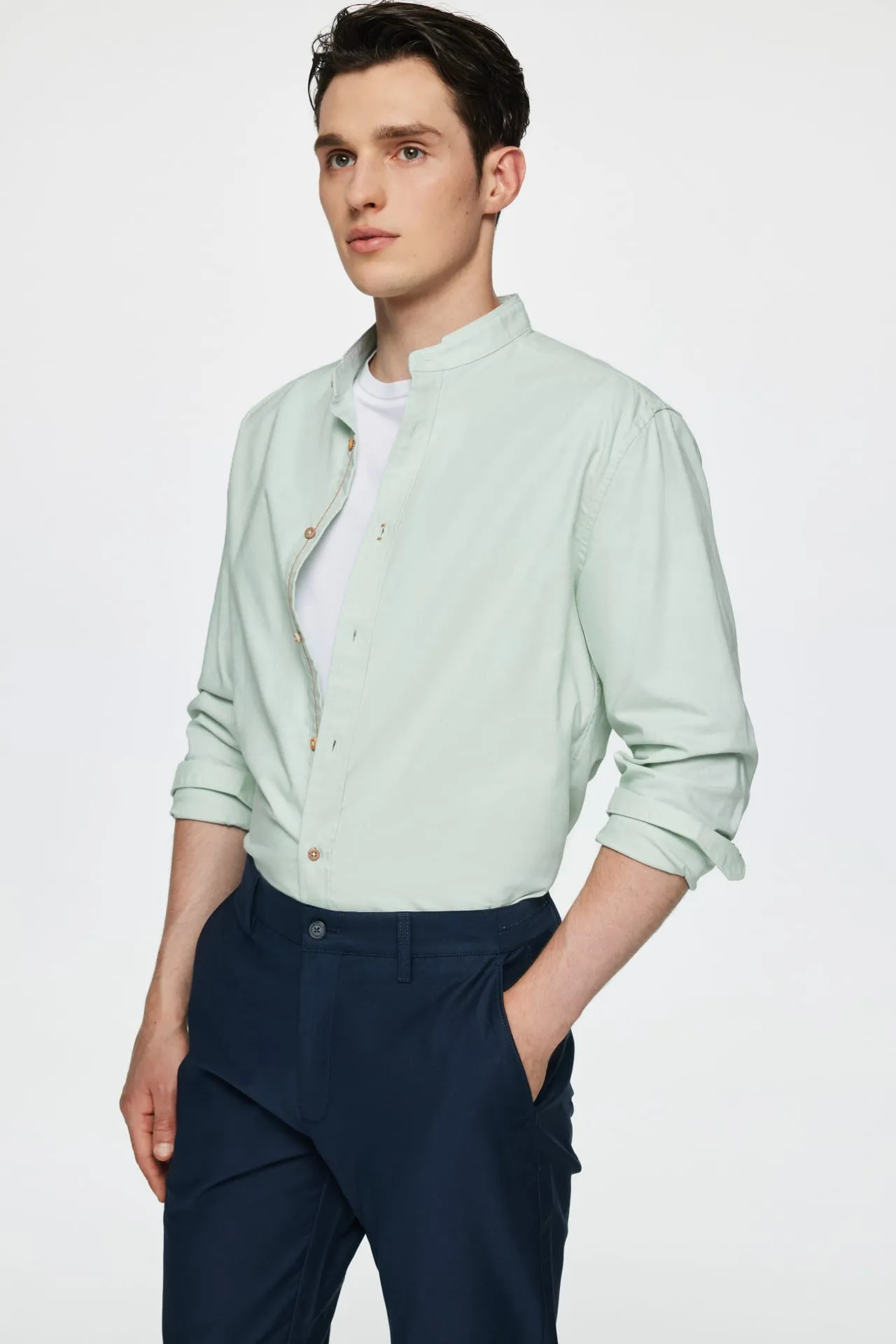 Easy Care Stand Collar Oxford Casual Shirt