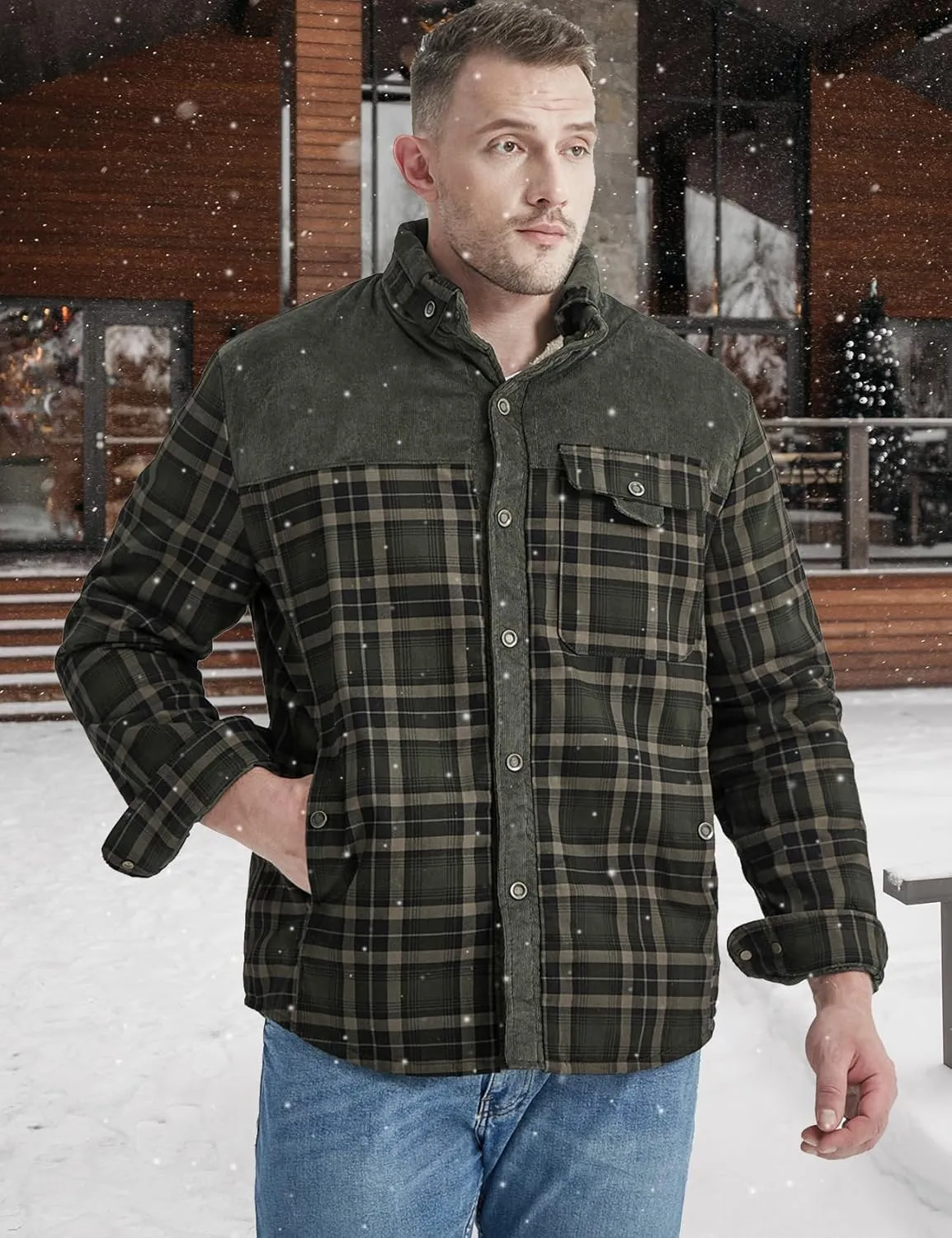 Eisctnd Men's Sherpa Lined Flannel Jacket Outdoor Long Sleeve Plaid Fleece Shirt Warm Casual Button Down Coat