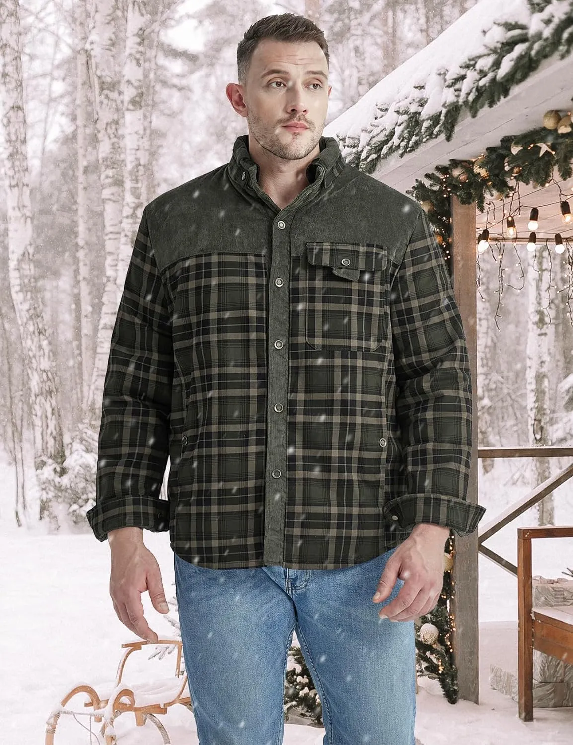 Eisctnd Men's Sherpa Lined Flannel Jacket Outdoor Long Sleeve Plaid Fleece Shirt Warm Casual Button Down Coat